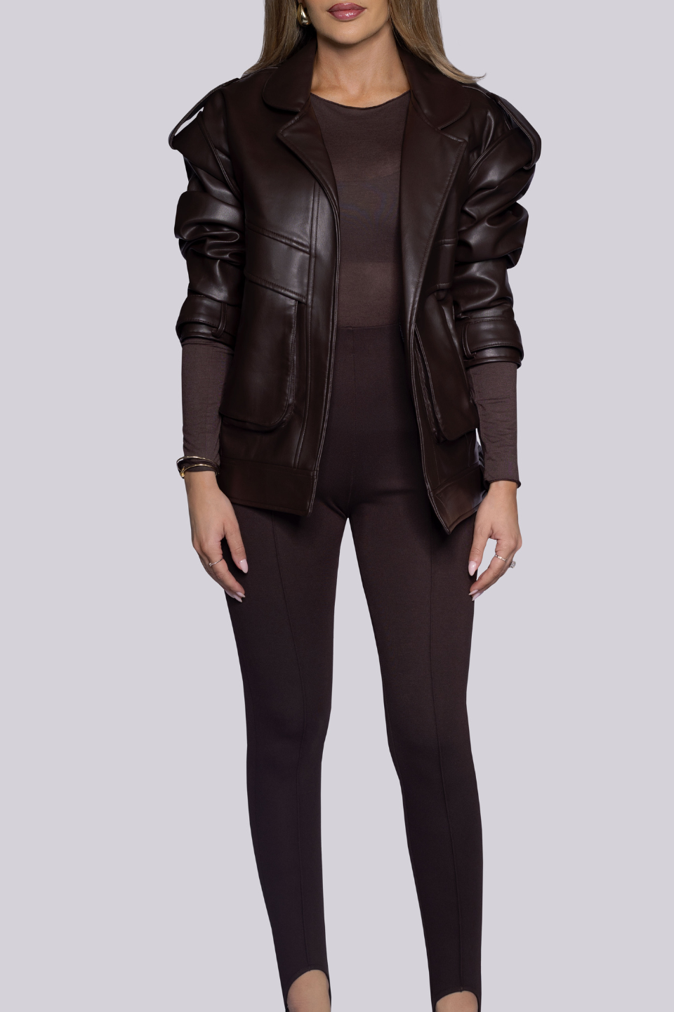 Oversized brown leather jacket