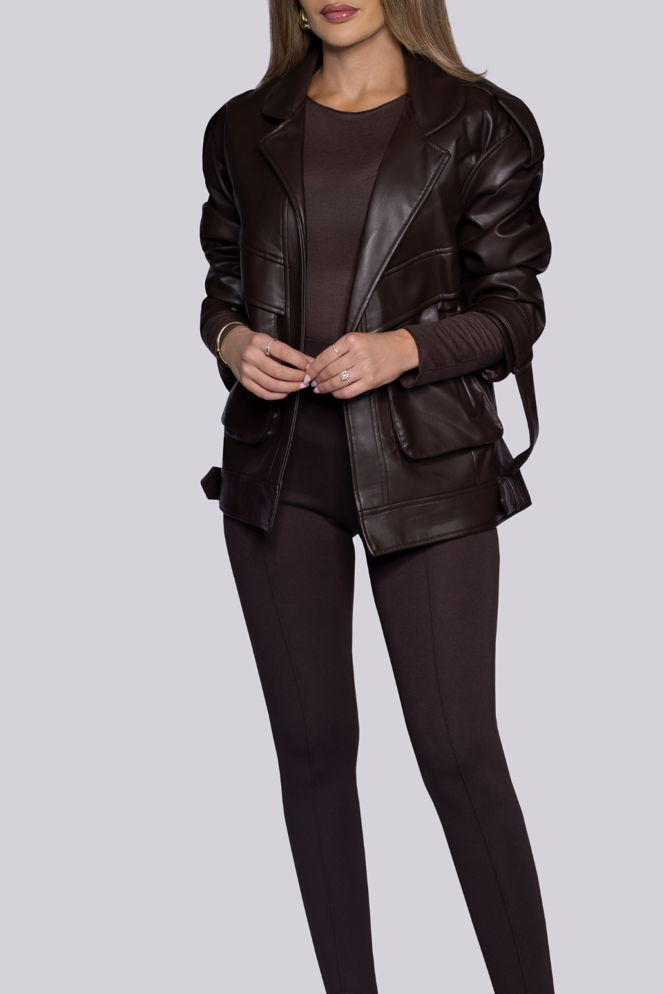 Oversized brown leather jacket